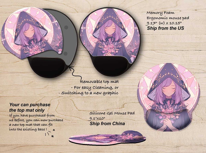 May include: Two mouse pads with a removable top mat featuring a purple-haired character in a hooded cloak. The top mat is interchangeable. The mouse pad on the left is made of memory foam and measures 9.17 inches by 10.15 inches. The mouse pad on the right is made of silicone gel and measures 9.1 inches by 10 inches.