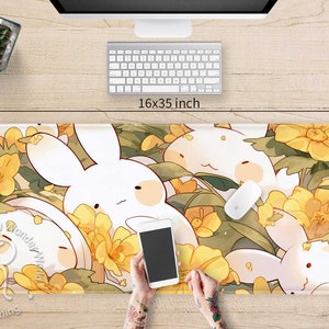 Cute animal yellow floral desk mat RGB, Chubby bunnies Kawaii lo fi anime gaming mouse pad, Ergonomic mousepad wrist rest, Silicone mousepad