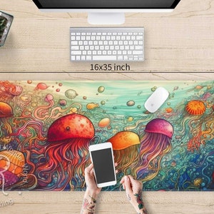 Regenbogen Qualle Ozean Schreibtischunterlage niedlich, genähte Kanten Anime Gaming Mauspad RGB, Kawaii ästhetisch Ergonomisches Mauspad Handgelenkauflage LED-Einstellung