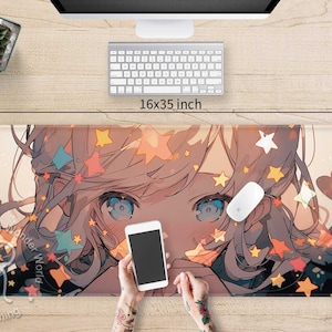 Kawaii star face Anime girl XXL desk mat RGB, Cute beige Pastel large Gaming mouse pad, Kawaii aesthetic extended mousepad wrist rest