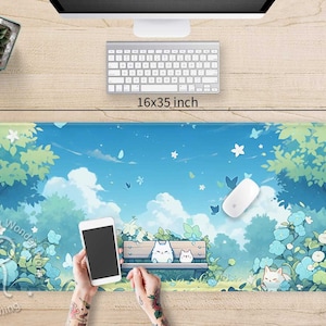 Kawaii Anime Cat in the Park XXL desk mat RGB, Cute Pastel sunny day large Gaming mouse pad, Kawaii aesthetic extended mousepad wrist rest