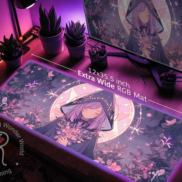 Grand tapis de bureau RVB, sorcière kawaii, anime violet, tapis de souris de jeu LED Shoujo Manga XXL japonais mignon, tapis de souris lune avec repose-poignet