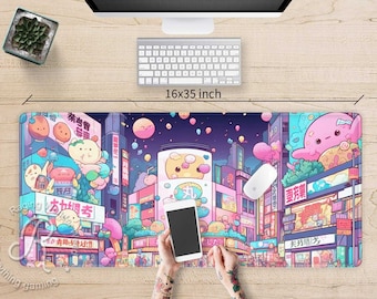Kawaii Japan City Lo-fi Vaporwave Anime XXL desk mat RGB, Cute Pastel large Gaming mouse pad, Cute aesthetic extended mousepad wrist rest