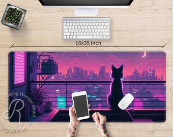 Vaporwave Anime neon city desk mat cute, Stitched edges Purple street Moon cat gaming mouse pad, Ergonomic mousepad wrist rest gaming setup
