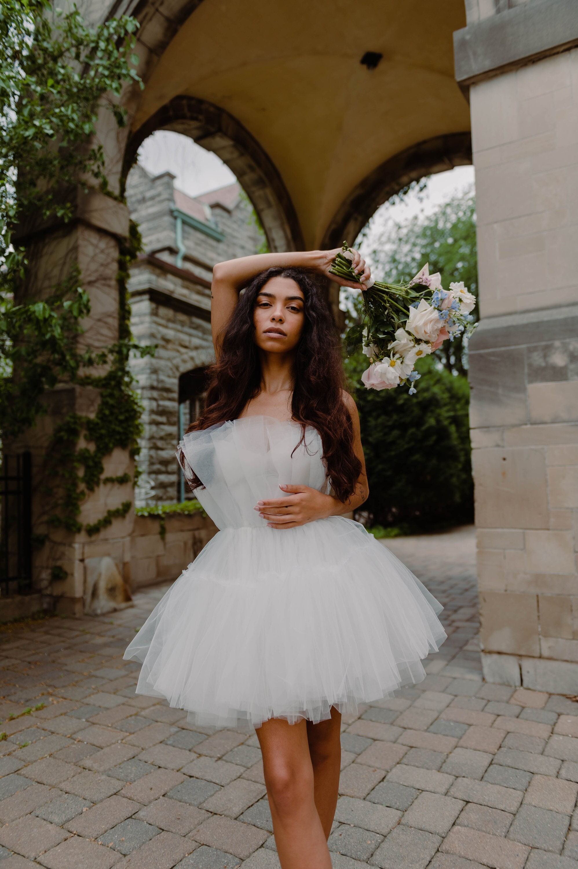 tulle bachelorette dress Azalea One Shoulder Tulle Babydoll Mini Dress Shop American Threads Women's Trendy Online Boutique White / M