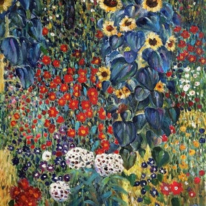 May include: An impressionistic painting of a vibrant garden. Sunflowers with yellow petals and dark blue leaves dominate the center. Red, white, and purple flowers fill the foreground, creating a colorful and textured scene.