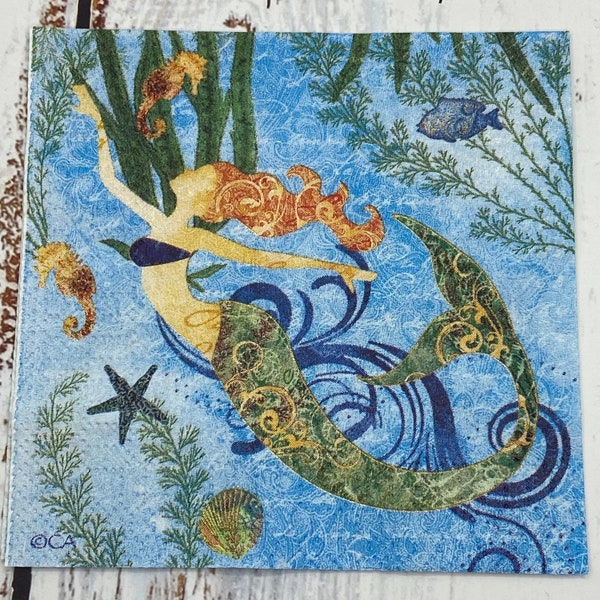 Set of 2 Mermaid Decoupage Cocktail Size Napkins Sea Maid & Writing Fantasy Coastal Napkins For Decoupage Mixed Media, Journals