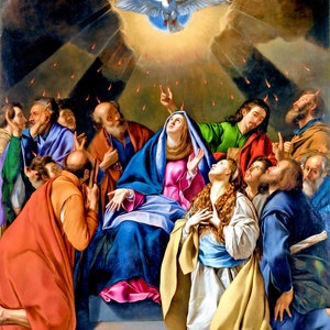 May include: A religious painting depicting a dove surrounded by light, with figures looking upwards. The figures are dressed in various colors, including blue, red, and gold. The painting has a classical style.