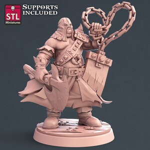 May include: A 3D printed miniature of a hooded figure wielding a large axe and a chain. The figure is wearing a long robe and has a belt with a buckle. The figure is standing on a round base.