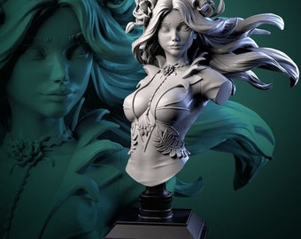 May include: A detailed bust of a woman with long flowing hair and floral accents, sculpted in a light gray material. The bust features intricate details on the clothing and is mounted on a black square base. The Iron King logo is visible.
