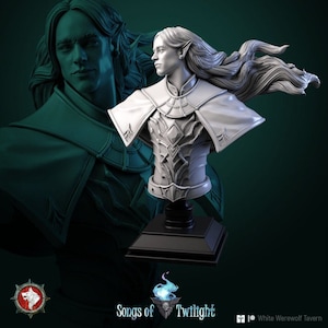 Puede incluir: Un busto de escultura blanca de un elfo con el pelo largo y fluido, que lleva armadura y una capa. El busto está sobre una base negra. La escultura se titula "Songs of Twilight".