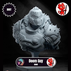May include: A gray 3D printed bust of Doom Guy from the video game Doom. The bust is detailed with a helmet, armor, and a fur collar. The bust is on a black base with the words "Doom Guy" and "DOOM" printed on it.