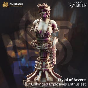 May include: A detailed, grey, 3D printed miniature of a female figure with a steampunk aesthetic. She is wearing a corset, goggles, and a belt with tools. The figure is standing on a base with a gear design. The text "Cogs of Revolution" and "Eryial of Arvere Unhinged Explosives Enthusiast" is visible in the image.