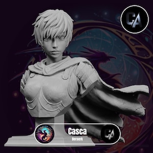 May include: A gray bust sculpture of a woman with short hair wearing a cape and armor. The bust is on a white base with a black and blue dragon logo and the text "Casca Berserk".