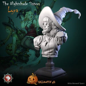 Witch Lyra - Bust | Great bust for miniature painting, collecting and display | 3d Printed Bust | White Werewolf Tavern | Halloween Special