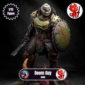 May include: A green and brown action figure of Doom Guy from the video game Doom. The figure is holding a gun and a shield. The figure is 1/12 scale.