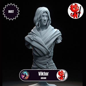 May include: A grey bust sculpture of a person with long hair and draped clothing. The sculpture features a rose detail and is labelled "Viktor Arcane". A "BUST" label and a cartoon devil graphic are also present.