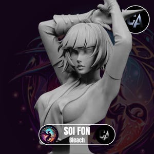 May include: A gray painted figurine of a female character from the anime Bleach. The character is named Soi Fon and is posed with one arm raised and the other bent at the elbow. The figurine is set against a dark background with a purple and blue design.