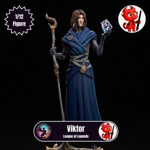 May include: Viktor, a character from League of Legends, is depicted as a 1/12 scale figure. He is wearing a long, dark blue robe with gold accents and a silver staff. He has long, dark hair and blue eyes. The figure is posed with his staff raised and his right hand holding a small, blue orb.