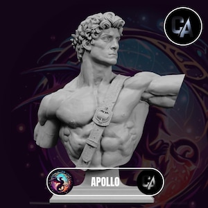 May include: A white bust sculpture of Apollo, the Greek god of music, poetry, prophecy, healing, plague, and more. The sculpture is on a white base with the word "APOLLO" printed on it.