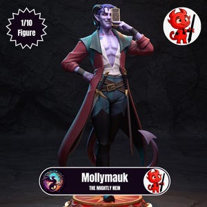 May include: A 1/10 figure of a character named Mollymauk, holding a card. The figure has purple skin, horns, and a long red coat over a teal and white outfit. The figure is standing on a decorative base with the text "Mollymauk The Mighty Nein".