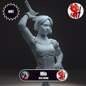 May include: A light grey bust of a female figure holding a sword. The bust is labelled "Mio" and "Split Fiction" with a "BUST" label. The figure is wearing a futuristic outfit. A cartoon devil is in the upper right corner.