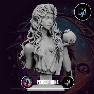 May include: A white, detailed bust sculpture of Persephone, the Greek goddess of spring, holding a pomegranate. She wears a floral crown and a flowing gown. The bust is on a white pedestal with the word "PERSEPHONE" printed on it.