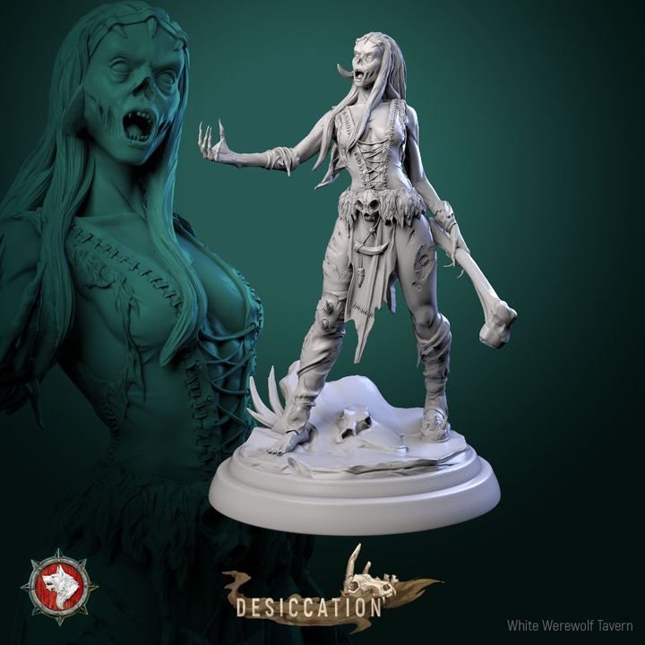 Female Zombie Barbarian | High quality 75mm miniature for painting, collecting and display | 3d Printed Models | White Werewolf Tavern