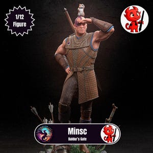 May include: A 1/12 scale figure of Minsc, a character from Baldur's Gate, with a small hamster on his head. The figure is wearing brown leather armor and holding a sword. The figure is standing on a base with a green background.