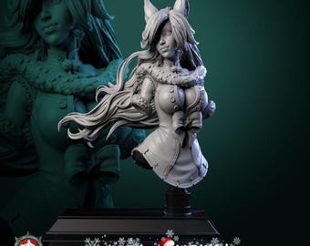 May include: A white painted bust sculpture of a woman with fox ears and a fluffy white fur collar. She is wearing a festive outfit with a bow and buttons. The sculpture is on a black base with a white snowflake design and the text "Happy Holidays!"