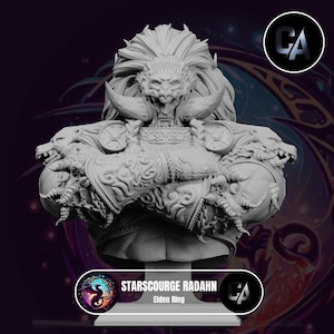 May include: A detailed bust sculpture of Starscourge Radahn from the video game Elden Ring. The sculpture is made of white resin and depicts Radahn in a powerful pose with his arms crossed. The sculpture is a collectible for fans of the game.