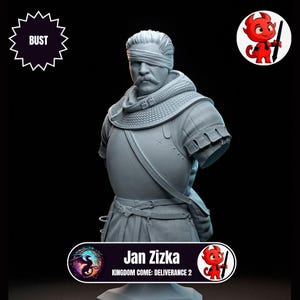 May include: A grey bust of Jan Zizka, a character from Kingdom Come: Deliverance 2. The bust features a blindfold, moustache, and armour. The word "BUST" is in a starburst shape. A small devil cartoon is in the upper right corner.