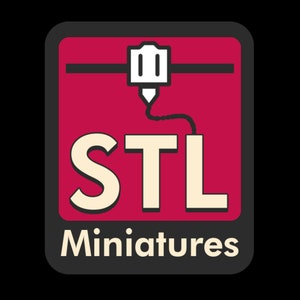 May include: A red and black logo with a white 3D printer icon and the text "STL Miniatures".