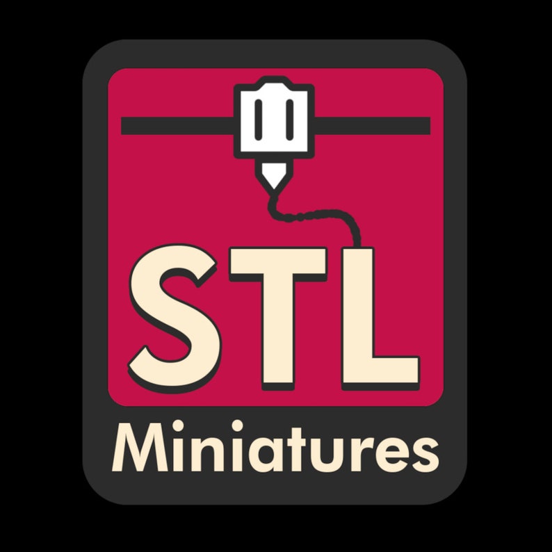 May include: A red and black logo with a white 3D printer icon and the text "STL Miniatures".