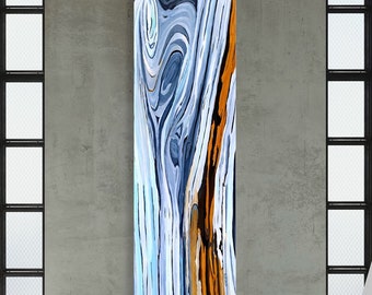 May include: A white canvas on an easel in an art studio with a large abstract painting on the wall, a white plaster sculpture on a pedestal, and a table with art supplies.