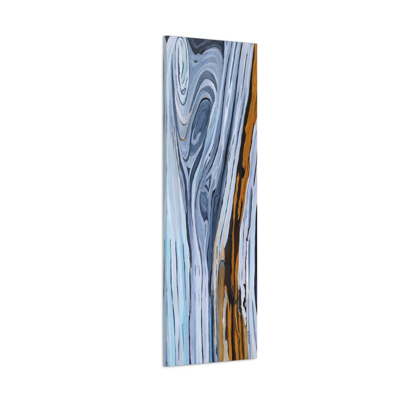 May include: Abstract painting with swirling blue, gray, and black lines and a vertical stripe of orange and brown.
