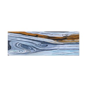 May include: Abstract painting with swirling blue and white lines and a band of brown and black across the top.