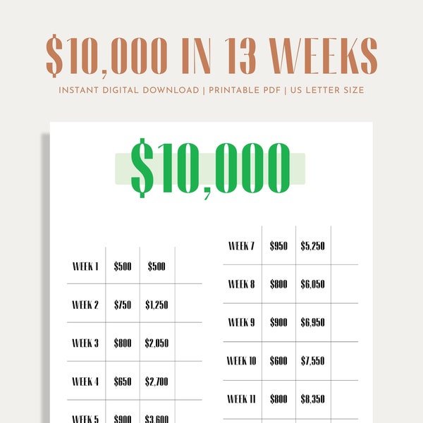 10K Savings Challenge, Savings Tracker, Money Challenge, 3 Months, 13 Weeks, 90 Days, Digital Download PDF, Printable