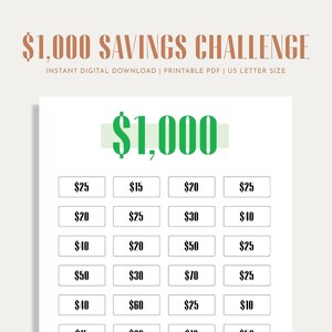 1K Savings Challenge, Savings Tracker, Money Challenge, Digital Download PDF, Printable