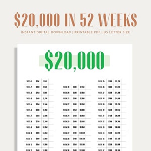 20K Savings Challenge, Savings Tracker, Money Challenge, 52 Weeks, 1 Year, Digital Download PDF, Printable