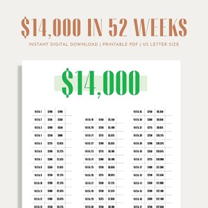14K Savings Challenge, Savings Tracker, Money Challenge, 52 Weeks, 1 Year, Digital Download PDF, Printable