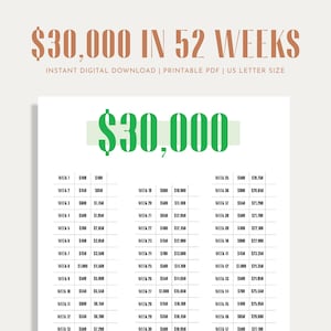 30K Savings Challenge, Savings Tracker, Money Challenge, 52 Weeks, 1 Year, Digital Download PDF, Printable