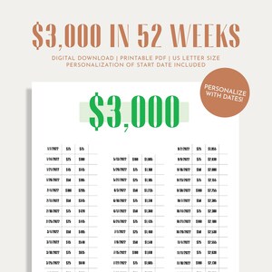 Personalized 3K Savings Challenge, Savings Tracker, Money Challenge, Custom with Dates, 52 Weeks, 1 Year, Digital Download PDF, Printable