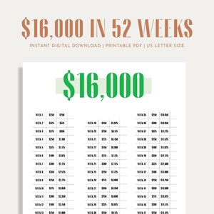 16K Savings Challenge, Savings Tracker, Money Challenge, 52 Weeks, 1 Year, Digital Download PDF, Printable