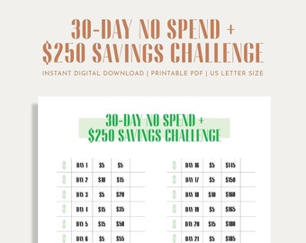 May include: A printable 30-day no spend challenge to help you save $250. The challenge is laid out in a table with daily savings goals.  The table has a green and brown color scheme.