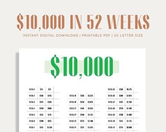 10K Savings Challenge, Savings Tracker, Money Challenge, 52 Weeks, 1 Year, Digital Download PDF, Printable