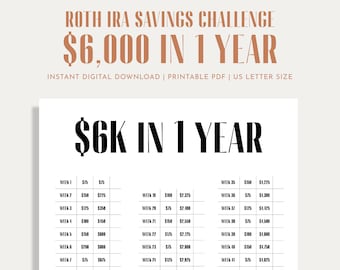Sfida Risparmio 6K, Risparmio Roth IRA, Tracker Risparmio, Sfida Finanziaria, 52 Settimane, 1 Anno, Download Digitale PDF, Stampabile