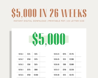 5K Savings Challenge, Savings Tracker, Money Challenge, 26 Weeks, 6 Months, Digital Download PDF, Printable