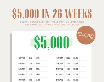 Personalized 5K Savings Challenge, Savings Tracker, Money Challenge, Custom with Dates, 26 Weeks, 6 Months, Digital Download PDF, Printable