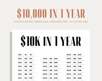 10K in 1 Year Savings Challenge, Savings Tracker, Money Challenge, 52 Weeks, Digital Download PDF, Printable